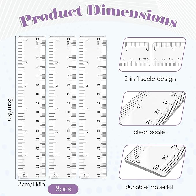 3 PCS Clear Plastic Ruler, 6 Inch Ruler Plastic for Drafting Measuring Tools | Inches & Centimeters Double Scales Small Ruler 6 Inches, Clear Ruler for Crafting, Office Journaling, Easy-to-Read