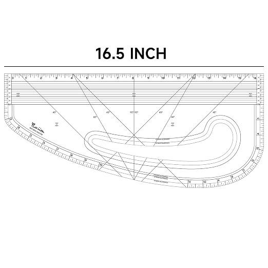 YLaziion 16" Imperial Acrylic Pattern Master Ruler French Curve Sewing Tool | Multi-Purpose, 3mmNon-Yellowing Acrylic, 45°& 60° Angle Lines, 1/16" Scale, Hip Curve, Vary Form Curve, Seam Allowance Guide