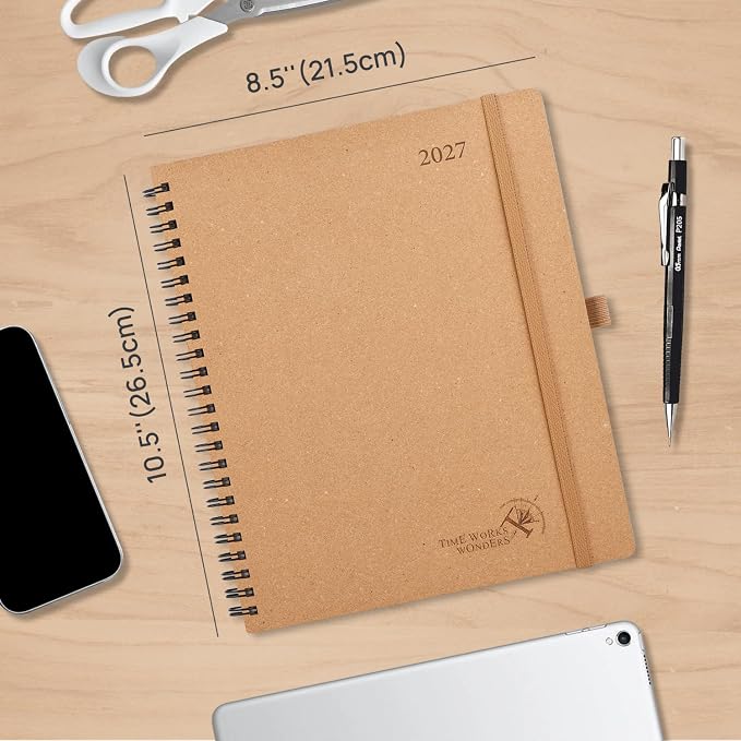 POPRUN 2027 Planner,8.5''x10.5'' Recycled Paper Weekly and Monthly Calendar | Daily Calendar Book with Italian Regenrated Leather, Appointment Book with Hourly Time Slots, Pen Holder - Desert Brown