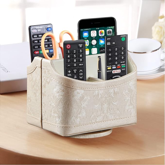 PUSU Leather 360°Rotatable Remote Control Holder,Nightstand TV Remote Caddy | Office Supplies Desktop Organizer,Spinning Storage Box for Pen,Mail,Phone,DVD, Blu-Ray,Media Player,Heater Controllers