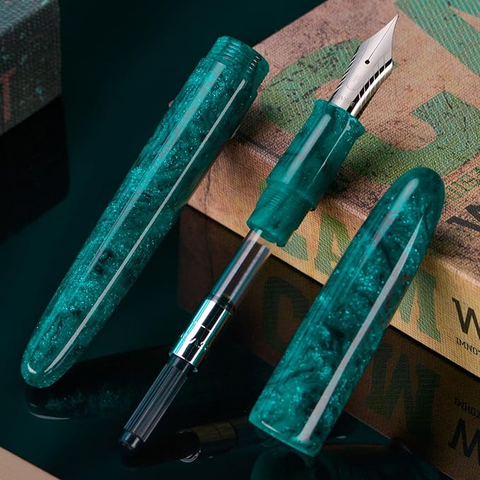 Asvine C80 Fountain Pen #8 Medium Nib Large Handcraft Pen with Converter Pen Box Collection Set (Green Glitter)