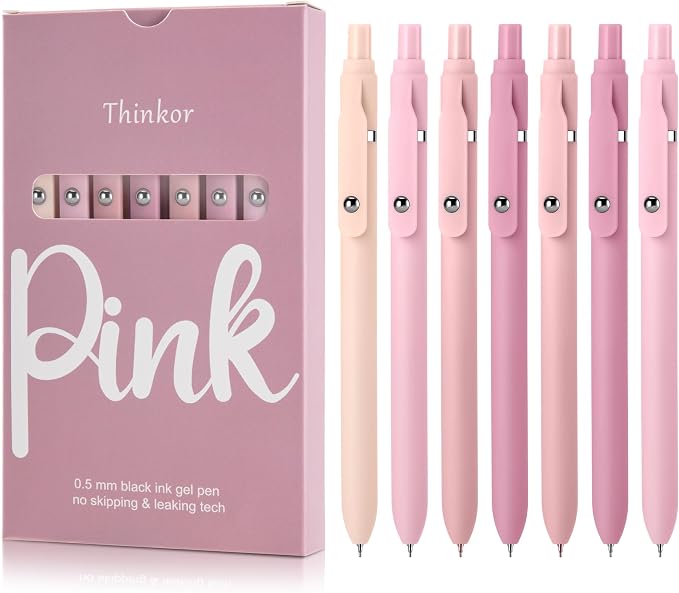 thinkor Gel Pens Black Ink, 7 Pcs 0.5mm Quick Dry Fine Point Smooth Writing Pens, Cute Office School Supplies Gifts for Women Student (7 Pcs Pink - Black Ink)