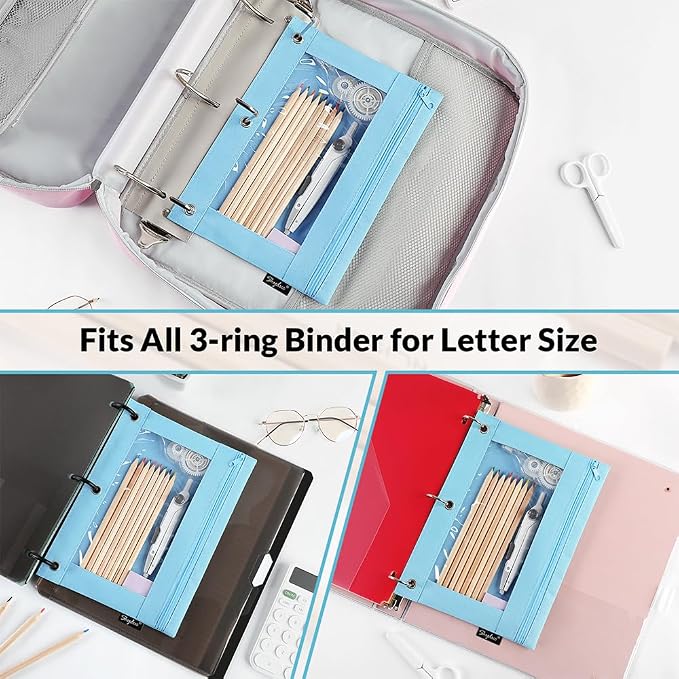 SKYDUE Binder Pencil Pouch – 3 Ring Pencil Pouch with Clear Window, Smooth Zipper Pencil Case for School Supplies, Large Capacity Pencil Pouches for 3 Ring Binder with Reinforced Grommets