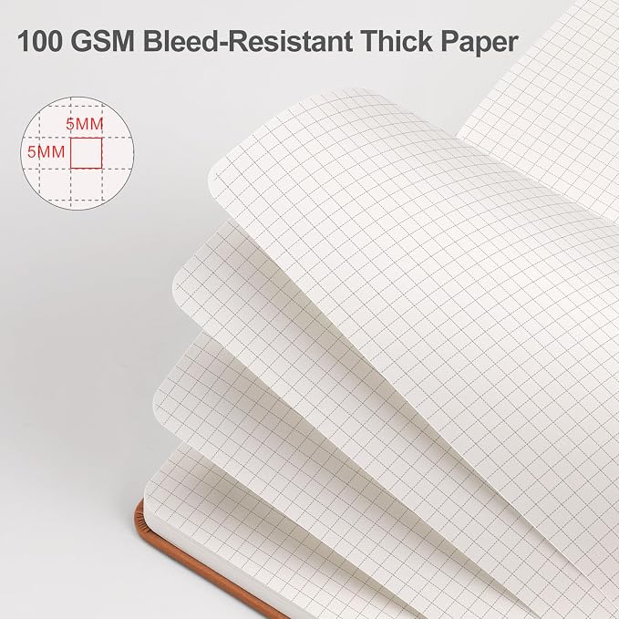 EMSHOI Graph Grid Journal Notebook, 192 Pages, A5 Size (5.7'' x 8.3'') | Leather Hardcover, 100 GSM Thick Paper, for School, Note Taking, Math, Engineering, Sun Debossed (Brown)