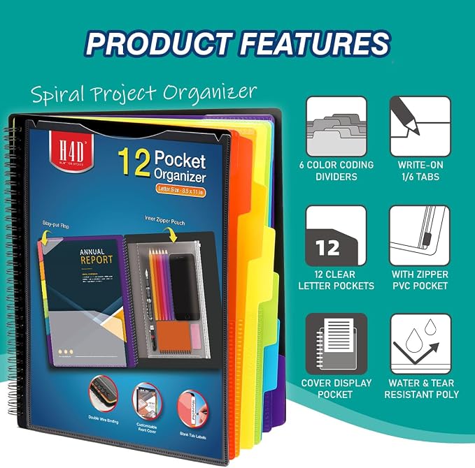 H4D 12 Pocket Poly Project Organizer, Multi Pocket Folder, Primary Colors | Spiral, Multi-Subject, Folder Notebook, Letter Size