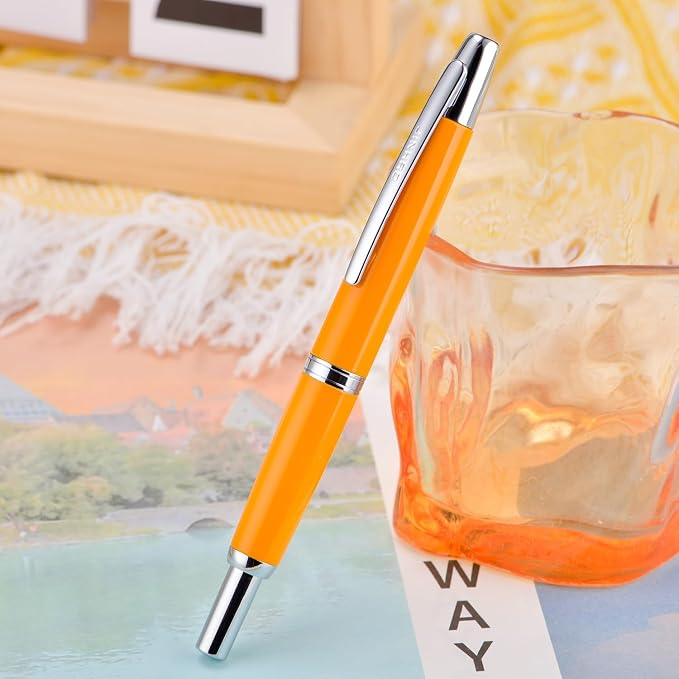 Jinhao 10 Press Fountain Pen with Box, Orange Retractable Medium Nib with Ink Converter Set (Silver Clip)