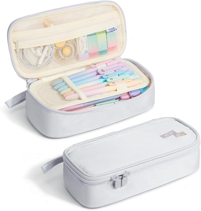 Four Candies Large Pencil Case, 5 Compartments Pen Organizer, Big Capacity Canvas Pencil Pouch Bag for School Supplies, Portable Stationery Holder for Teen Girls, Women (Light Gray)