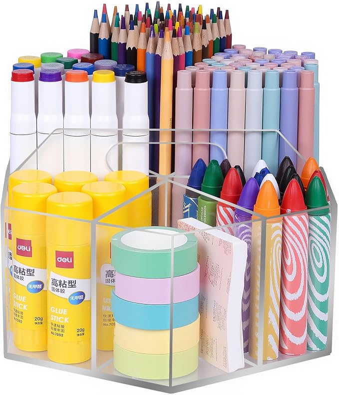 Pen Holder for Desk Acrylic, Large 6 Slots 360-Degree Rotating Marker Organizer Pencil Holder, Caddy Art Supply Organizer Crayon Organizers for Office School