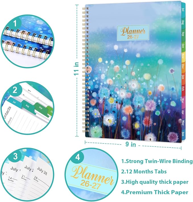 Planner 2026-2027,Weekly and Monthly Planner 26-27,11” x 8.5” | Jul. 2026 - Jun. 2027,Weekly and Monthly, Colorful Tabs, Back Pocket, Holidays, Twin-Wire Binding