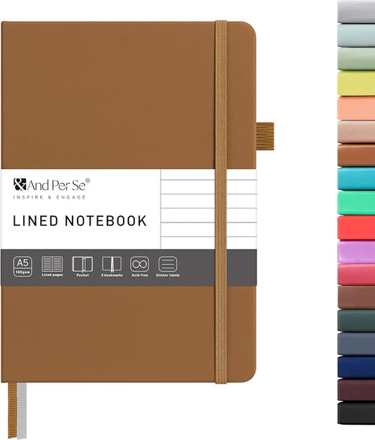 &And Per Se Lined Journal Notebook – A5 5.7”x8” College Ruled, 160 Pages, 100gsm Thick Paper, Journaling Notebooks for Writing (Light Brown)
