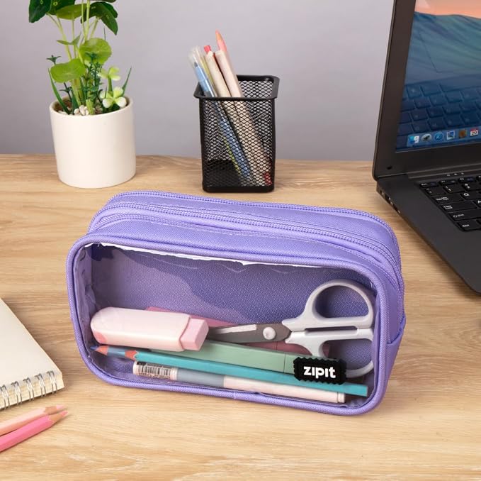 ZIPIT Half & Half Pencil Case for Girls, 3 Compartment Zipper Pouch for School, Stationery Bag for Teen and Adults, Purple