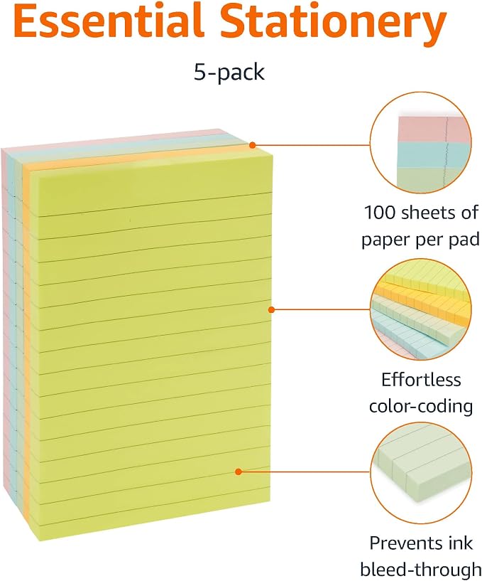 Amazon Basics Lined Sticky Notes, 4x6" Self-Stick Pads with Clean Removal Adhesive for To Do List, Home, Office, Notebook, Assorted Colors, 100 Sheets/Pad, Pack of 5