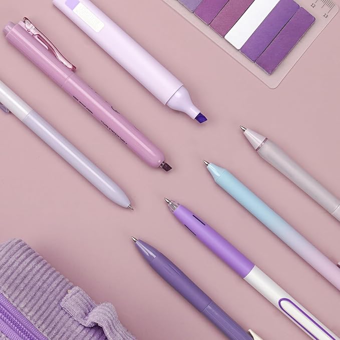 WRITECH Gel Pens Journaling Highlighters: Journal Set Aesthetic Assorted Pastel Color Ink 0.5mm Fine Point Retractable 0.7mm Black Pen Smooth Writing Drawing No Bleed 7ct (Purple)