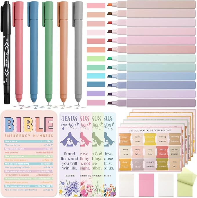 XKDOUS Bible Study Supplies Journaling Kit, Morandi Colored Bible Study Kit Journaling Supplies with 12 Pastel Highlighter and 90 Index Tabs Set, 5 Smooth Pens and More, Christian Gifts for Women