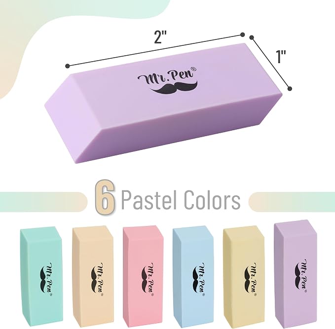 Mr. Pen- Pencil Eraser, 12 Pack, Pastel Colors | Large Latex Free Block Erasers for School, Office, Art Sketching, Homework, Exams, Clean Smudge-Free Correction