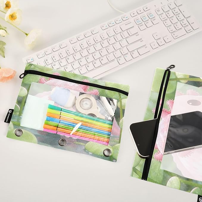 Cute Axolotl Pencil Pouches for 3 Ring Binder, Zipper Binder Pencil Case, 2 Pack Clear Window Case Bag for Office Organizers