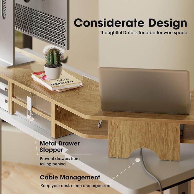 Fenge Dual Monitor Stand, Corner Desk Shelf with Drawer & Slide-Out Tray | Modular Design for Flexible Layouts, 2-Tier Storage Desktop Organizer for Computer, Laptop, Printer and Telephone