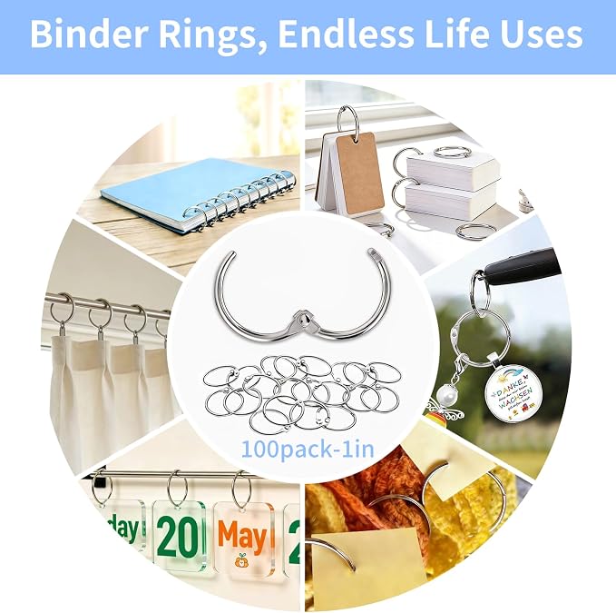 100 Pack-1 inch GIUCNOK Binder Rings, Loose Leaf Binder Book Rings, with Metal Nickel Plated for Key, and Index Cards, Premium Ring Clips, Paper Rings, for School, Home or Office, Silver