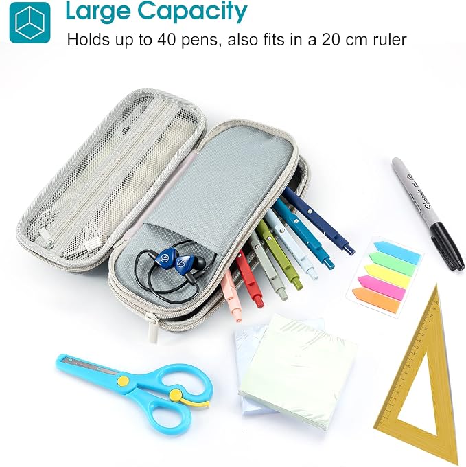ProCase 2-Layer Hard Pencil Case, Large Capacity Storage Box Pouch, Grey | Stationery Holder Organizer with Zipper Fits Pens Desk Office & School Supplies