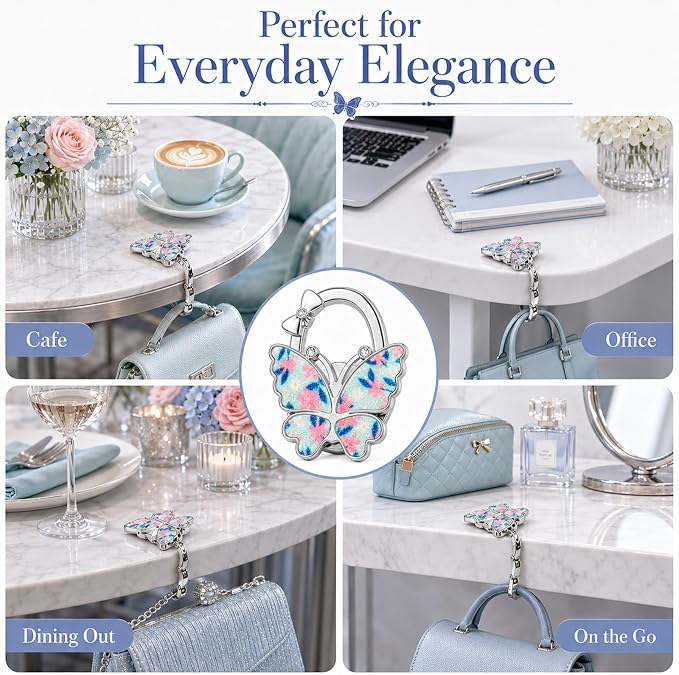 Purse Hook for Table, Foldable Handbag Hanger for Women, Portable Bag Holder with Non-Slip Base, Cute Flower Blue Glitter Butterfly Purse Table Hook for Restaurant Office Travel Gift