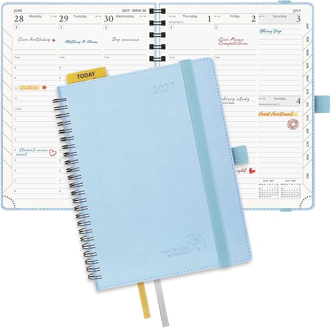 POPRUN 2027 Planner, 6.5'' x 8.5'', Weekly and Monthly Daily Calendar Book | 2027 Agenda(Jan - Dec) Appointment Book with Hourly Time Slots, Monthly Tabs, 100GSM, Spiral Leather Cover - Blue
