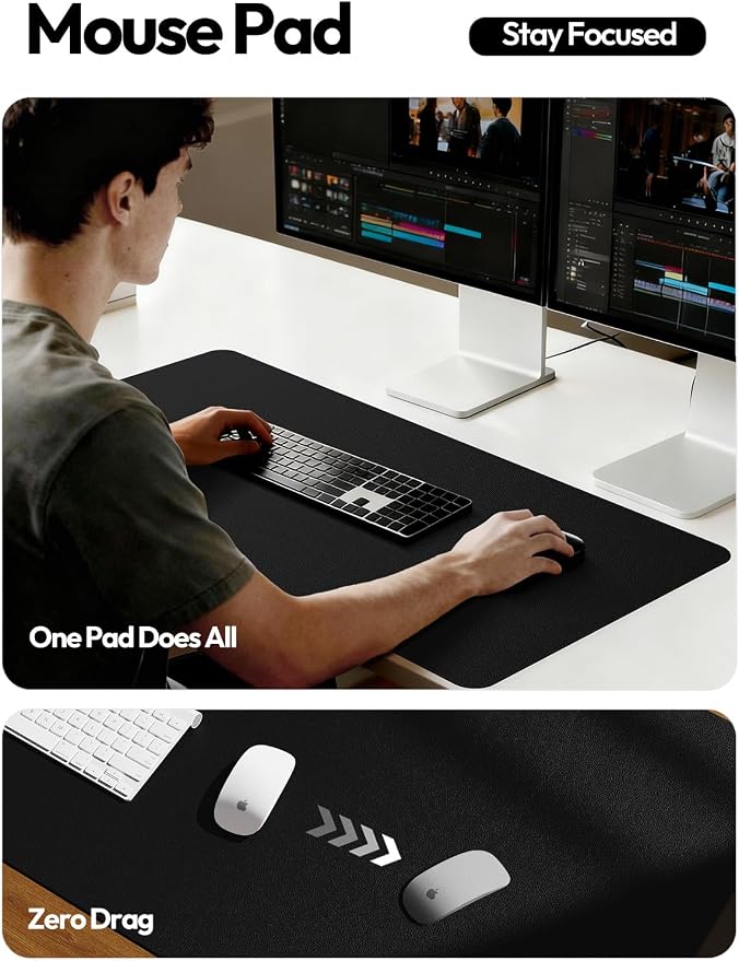 YSAGi Leather Desk Protector, Office Mat, Large Mouse Mat, Non-Slip PU Leather Blotter, Laptop Pad, Waterproof Writing Pad for Office and Home (Black, 47" x 17")