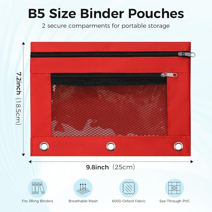 Pencil Pouch for 3 Ring Binder, Pencil Case Bag with Zipper, 600D Fabric Pencil Pouch Holder Accessories, Clear Window Pencil Case Aesthetic Back to School Organizer Pockets for Boy Girl (Red)