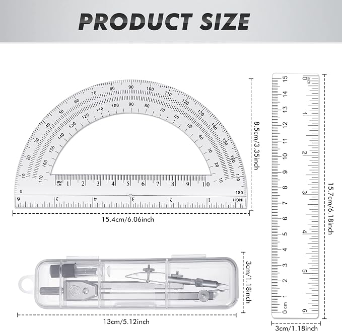 Zonon 3 Pcs Plastic Ruler 6 Inch Protractor Drawing Compass Set, Student Geometry Math Transparent Measuring Tools for Home School Classroom Office Supplies(6 Inch,Clear)