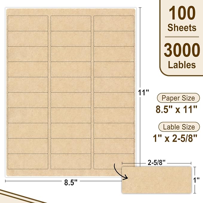 NATURALABEL 100 Sheets Printable Kraft Address Labels for Laser & Inkjet Printers, 1" x 2-5/8" - 30 per Page, Self-Adhesive Mailing Labels, Matte