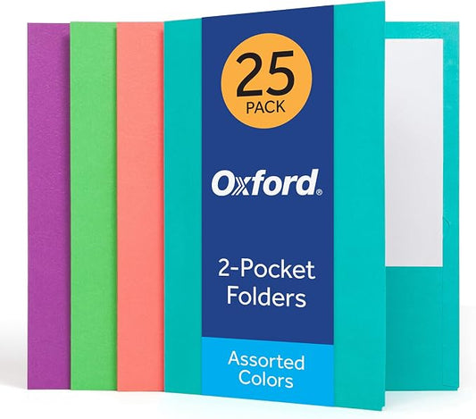 Oxford 2 Pocket Folders, 25 Pack, Tropical Colors, School Value Pack | Each folder holds 100 letter size sheets. Sturdy covers hold up in backpacks all year. Easy to color code. Made in the USA.