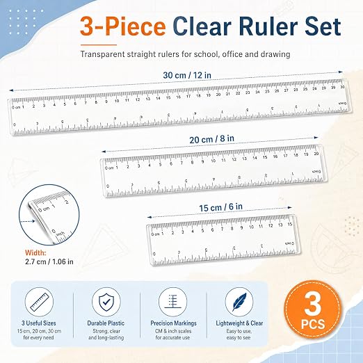 3 Pack Clear Acrylic Ruler Set, 6 Inch 8 Inch 12 Inch Straight Ruler | Transparent Plastic Measuring Tool with Centimeters and Inches for School Office Student