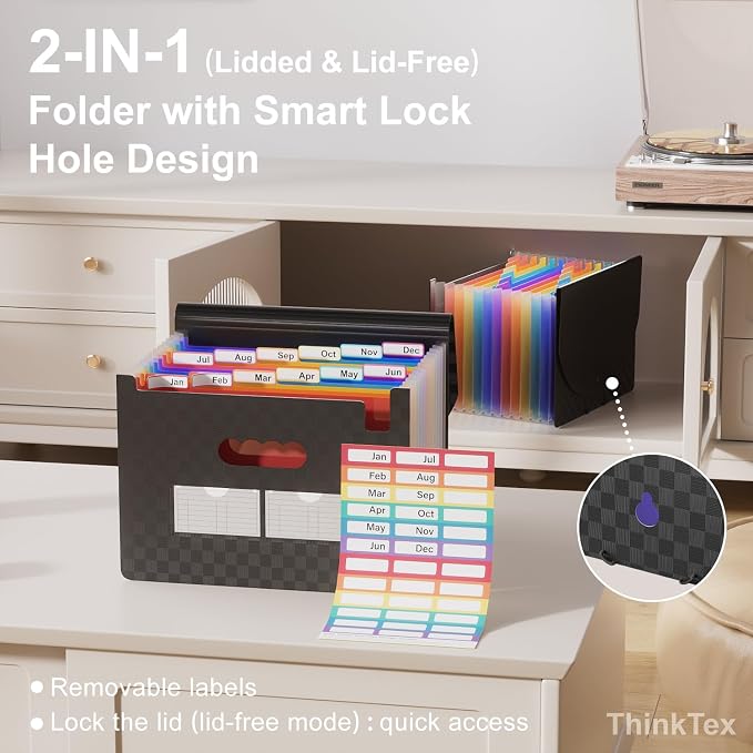ThinkTex Accordion File Organizer, 12 - Pocket Expanding File Folders | for Receipts, Bills & Taxes Organizer, Portable Letter/A4 Size Document Holder for School, Office, home with Colorful tabs