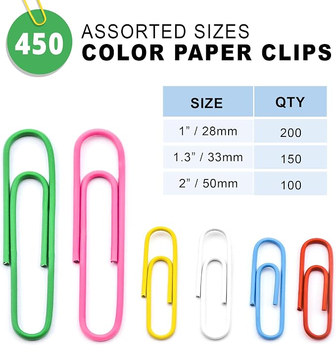 Kempshott 450 Color Paper Clips Assorted Sizes Small, Medium and Large Paper Clips for Paperwork Ideal for Home, School and Office Use (Assorted, Multicolored)