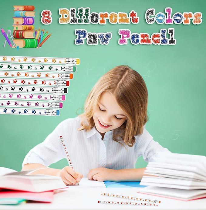 Weecent 48 Pcs Paw Print Pencil 8 Color Pencils Party Favors for Kids Wooden Writing Novelty with Erasers Dog Party Favors Fun School Supplies and Reward Prizes