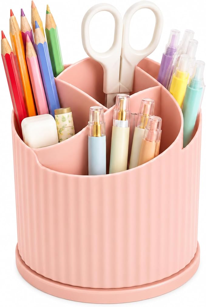 Desk Organizer, 360° Rotating Pen Holder with 5 Compartments, Pink | 5 Compartments, Pencil Cup, Storage Box Caddy, For Kids, Office, School, Home