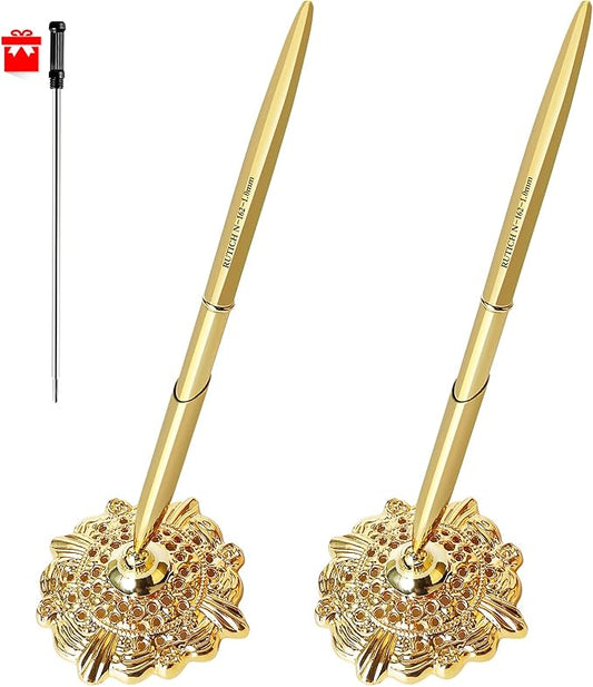 Hollow Round Pen Holder Signing Pen Set for Wedding Bridal Engagement Valentine's Day Favors,Golden 2 Pcs…