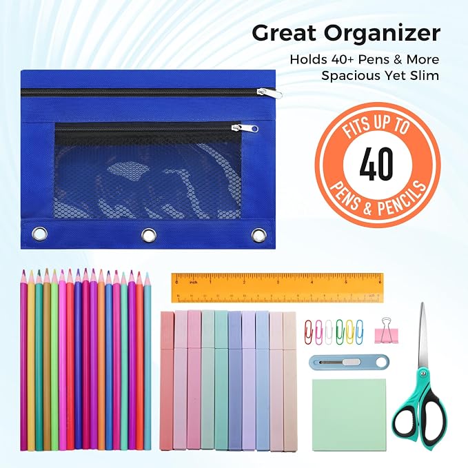 Pencil Pouch for 3 Ring Binder, Pencil Case Bag with Zipper, 600D Fabric Pencil Pouch Holder Accessories, Clear Window Pencil Case Aesthetic Back to School Organizer Pockets for Boy Girl (Blue)