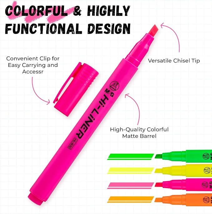 M&G Liner Highlighters, 4-Count MultiColor Highlighters, Chisel Tip No Bleed Highlighter Pens for Office Documents, Planning, and Everyday Organization
