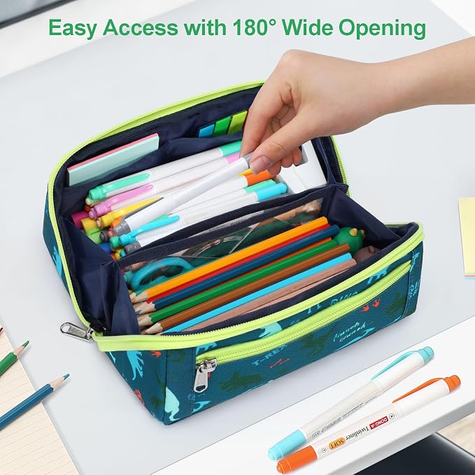 Large Pencil Case for Boys - Aesthetic Pencil Pouch for School | Kids Pencil Case & Wide Handle, Water Resistent Organizer Box, Fits 50 Pens & Markers, Daily Use, Green Dinasour