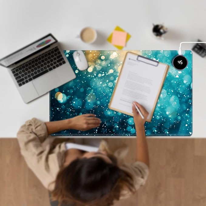 Heated Desk Pad Large Mouse Pad 23.6 x 14.1 inch with 3 Levels Heating & Auto Shut-Off Warm Mouse pad PU Leather Computer Mousepad for Home Office Work - Green Glitter