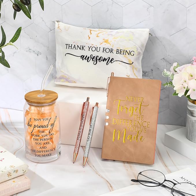 Funnymoom 6 Pcs Appreciation Gifts Set for Women Back to School Teacher Gifts Employee Thank You Gift with 17 oz Glass Tumbler Journal Pens and Pouch for Coworkers Educators,Marble,White