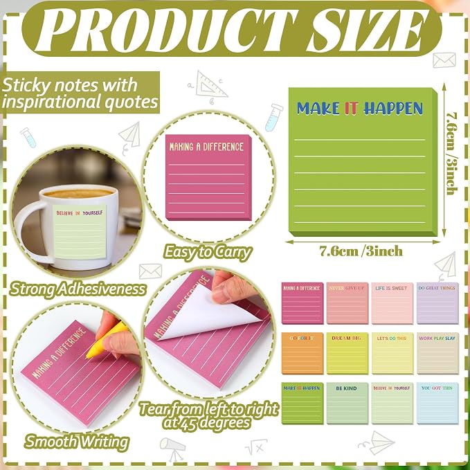 Yinder 24 Pcs Inspirational Sticky Notes, Back to School Supplies, Cute Motivational Sticky Notes Pad Employee Appreciation Gifts Bulk for Teacher Coworker Office 3 x 3'' (Inspirational,Macaroon)