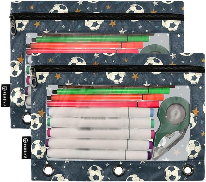 White Soccer Football Star Pencil Pouch for 3 Ring Binder 2 Pack Zipper Binder Pencil Bag Case with Clear Window Office School Supplies