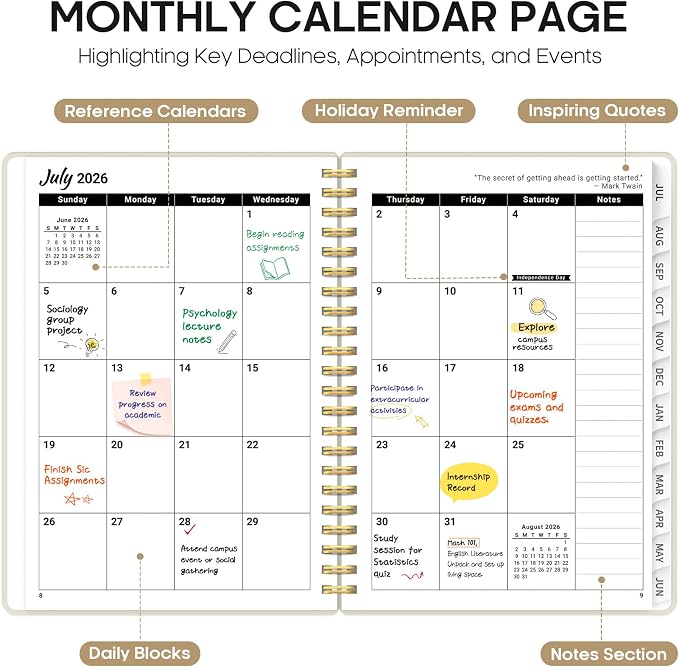 Planner 2026-2027, 6.3" x 8.5" Weekly and Monthly Academic Year Planner Calendar, July 2026 - June 2027, Hardcover Large School Planning Agenda With Tabs, Perfect for School & Office Supplies, A5, Beige