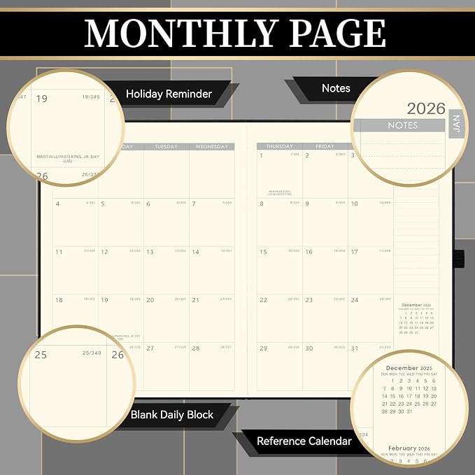 2026 Planner - Weekly and Monthly Planner 2026, Jan.2026 - Dec.2026, 9" x 11", 2026 Calendar Planner with Inner Pocket + Bookmarks+ Leather Hardcover, Black