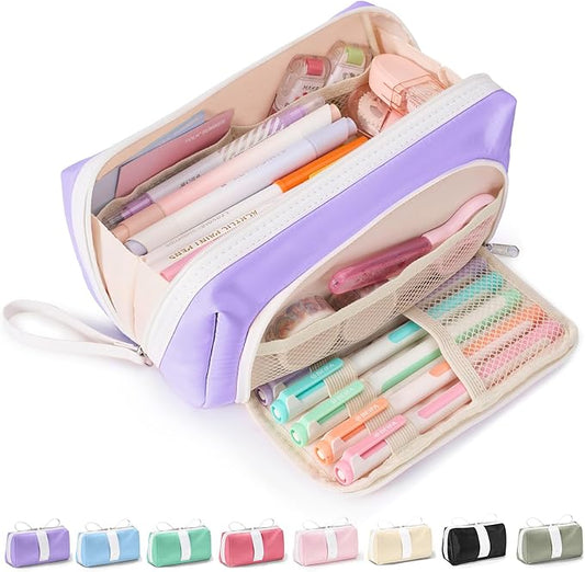 Sooez Big Capacity Pencil Case, Extra Large Pencil Pouch with Zipper Pocket | Wide Opening Pencil Bag, Portable Stationery Pouch, Cute School Office Supplies for Teens Girls Adults, Purple