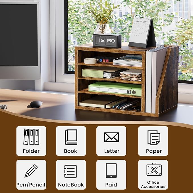 Creso hom Mail Sorter, File Organizer Desktop, Wood Desk Organizer with 3 Adjustable Shelves, Mail Holder for Office, Home, Letter Sorter File Holders for Envelopes, Supplies Magazines, Rustic Brown