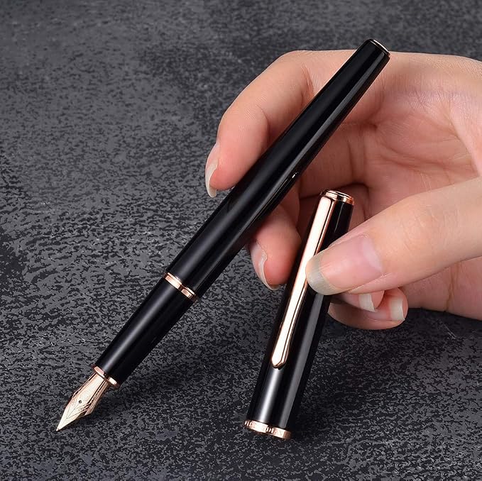 HongDian 920 Black Metal Fountain Pen, Rose Gold Plated Extra Fine Nib Smooth Writing Pen, Classic Pen with Ink Converter