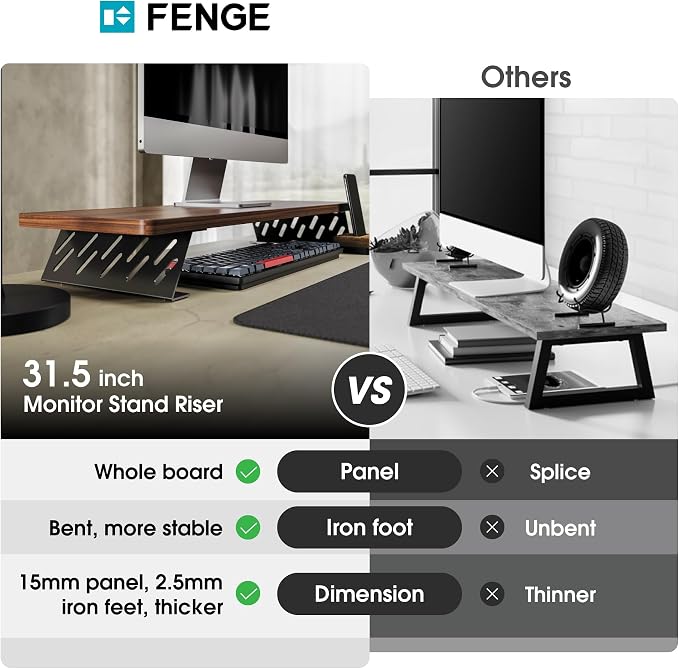 Fenge Monitor Stand Riser, Wooden & Metal Desk Shelf Organizer, Brown | 31.5 Inch Computer Stand for Compact Work Station, Multifunctional Monitor Shelf for Laptop, PC, Printer