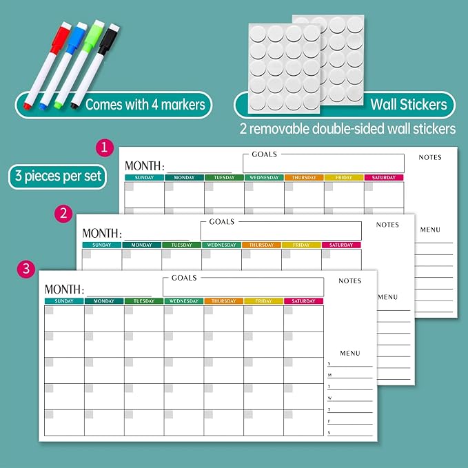 15x30 Dry Erase Wall Calendar, Reusable Undated Whiteboard Planner 3 Pcs | Colorful Horizontal Landscape Layout for Office, Classroom, Home with Markers & Stickers